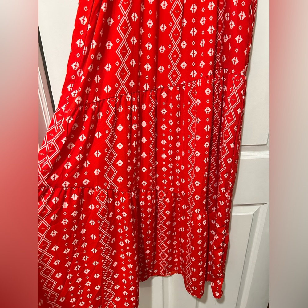 NWOT Red Print Boho Tiered Summer Maxi Dress with Adjustable Spaghetti Straps - Picture 6 of 14
